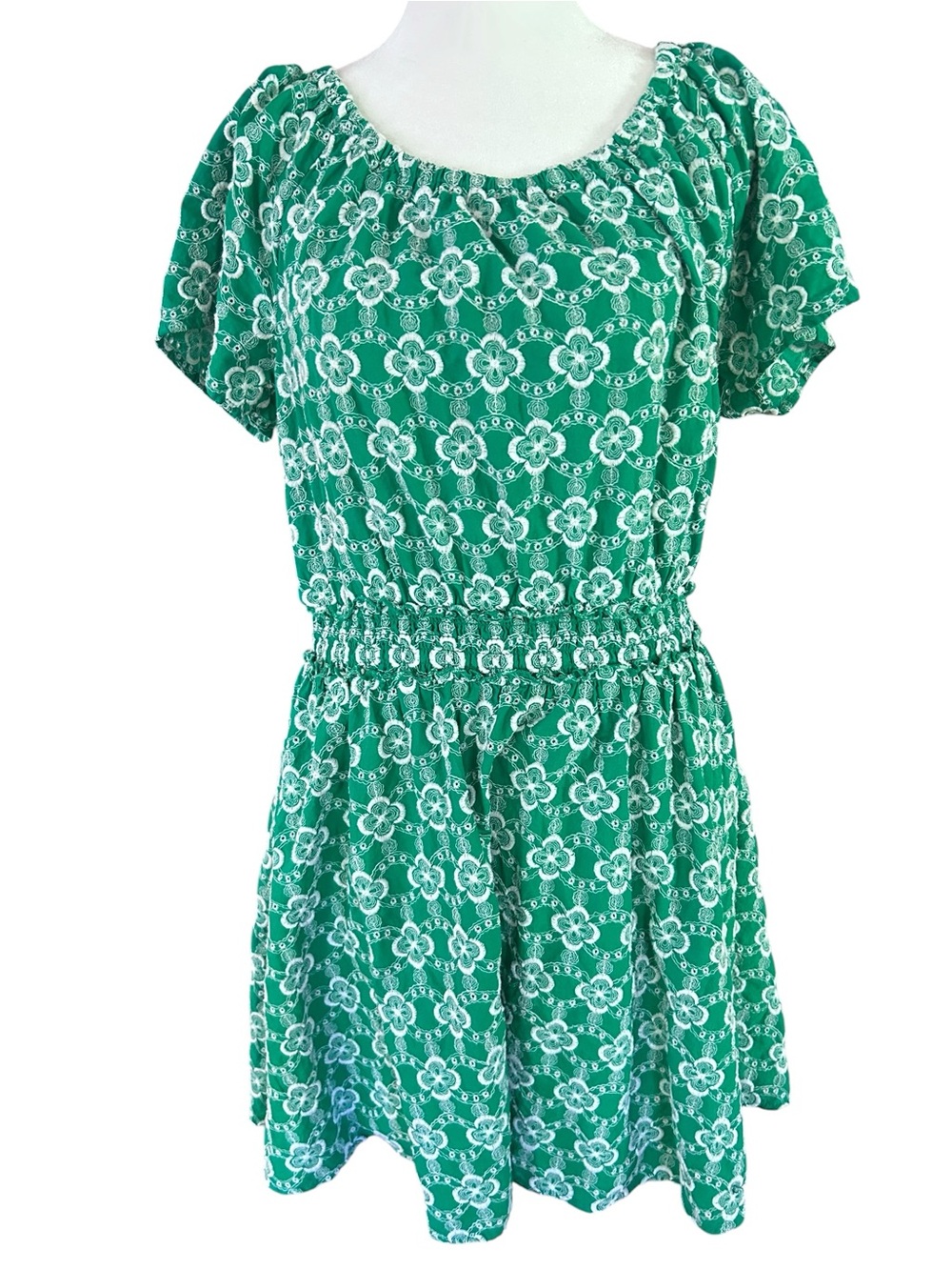 Boden Green Embroidered Eyelet Dress Smocked Waist Floral Size US 10P - Picture 2 of 6